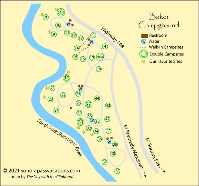 Baker Campground map, Stanislaus National Forest, California