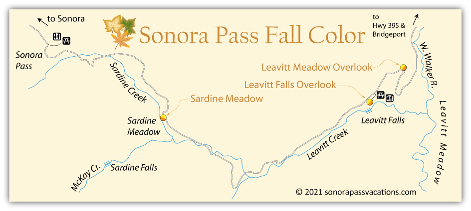 map of east side of Sonora Pass showing best places for viewing fall colors.