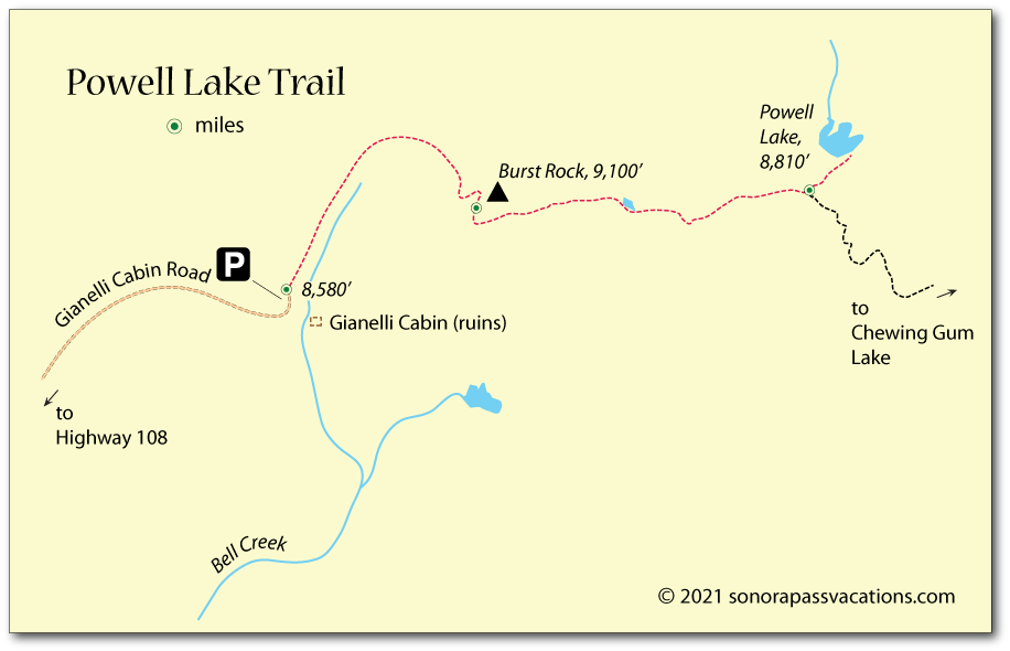 Map of the trail from Gianelli Cabin trailhead to Powell Lake, Emigrant Wilderness, California