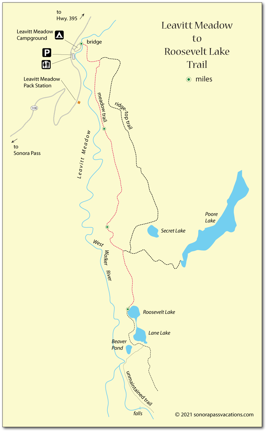 Map of the trail from Leavitt Meadow to Roosevelt Lake, Hoover Wilderness, California