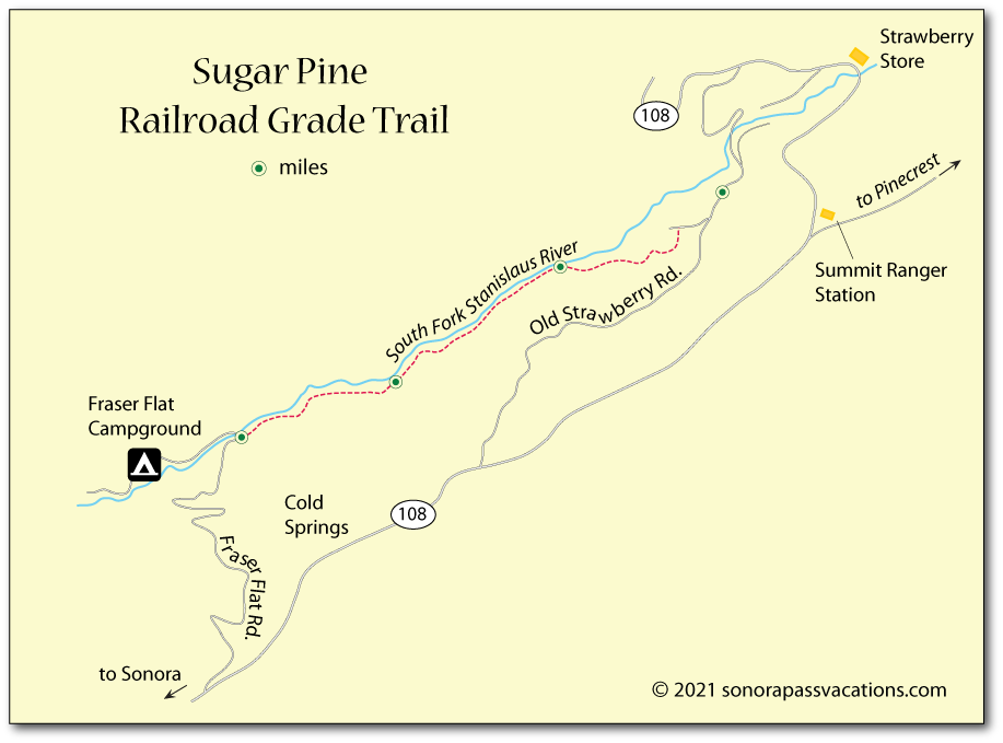 Map of the trail on the Sugar Pine Railroad Grade in Tuolumne County, CA
