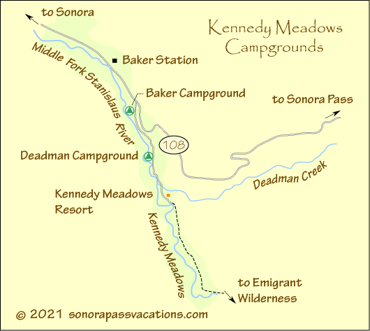 map of Kennedy Meadows area campgrounds, Stanislaus National Forest, California