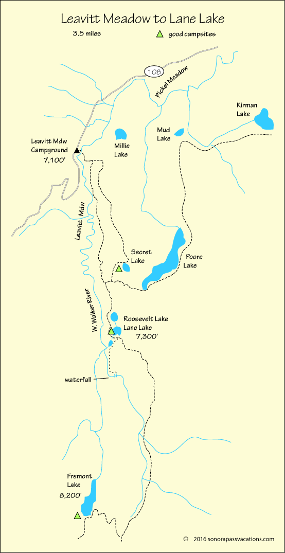map of hike to Lane Lake, Hoover Wilderness, California