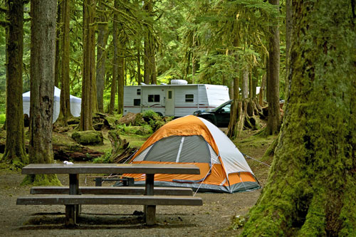 campground with tent and RV in forest
