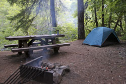 campsite with tent and campfire
