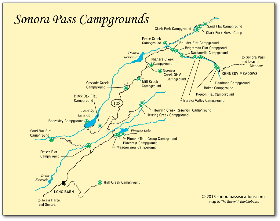 Map of campgrounds along Sonora Pass in Tuolumne County, CA